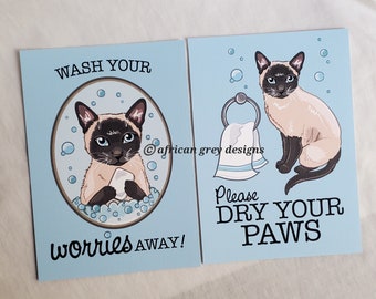 Siamese Cat Bathroom Prints - Wash and Dry Your Paws - 5x7 Eco-friendly Pair