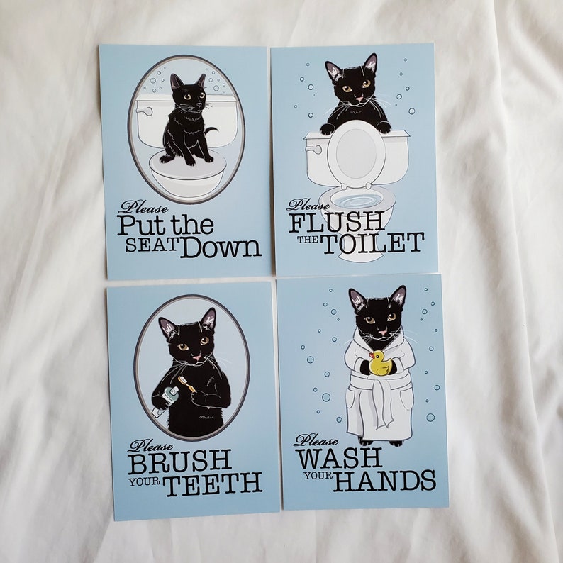 5x7 Set of 4 Black Cat Bathroom Prints