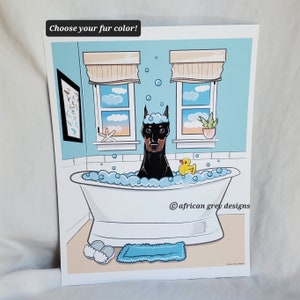 Seaside Bath Doberman Pinscher - Eco-Friendly 8x10 Print on Recycled Linen Paper - Choose Your Fur Color