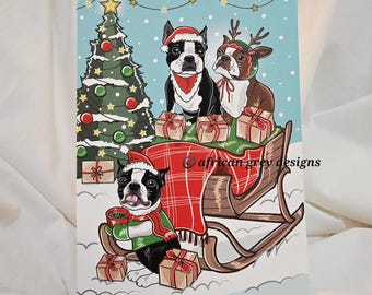 Christmas Sled Boston Terrier Greeting Card