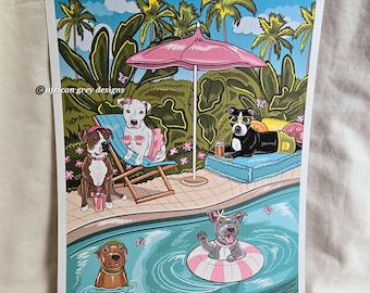 Poolside Pit Bulls - Eco-Friendly 8x10 Print on Linen Paper