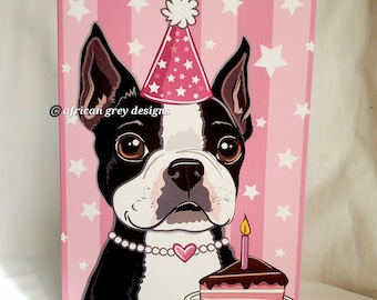 Pink Birthday Boston Terrier Greeting Card