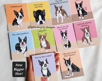 Boston Terrier Valentines - New Bigger Size - Eco-friendly Set of 10 - 3.5 x 4.25 Inches - Printed on Recycled Linen Paper