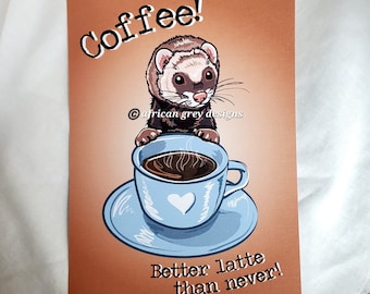 Coffee Ferret - 5x7 Eco-friendly Print - Printed on Recycled Linen Paper
