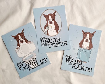 Brown Boston Terrier Bathroom Prints - 5x7 Eco-friendly Set