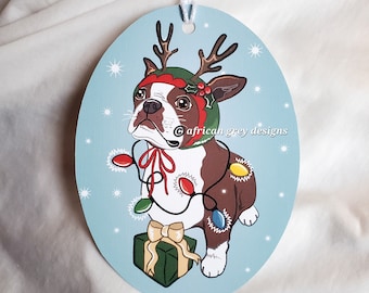 Christmas Brown Boston Terrier Linen Paper Gift Tag/Ornament