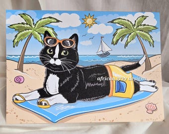 Beach Tuxedo Cat Greeting Card