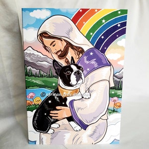 Boston Terrier in Arms of Jesus Greeting Card