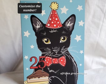 Custom Birthday Cat Greeting Card - Customize with Your Birthday Number - Black Cat