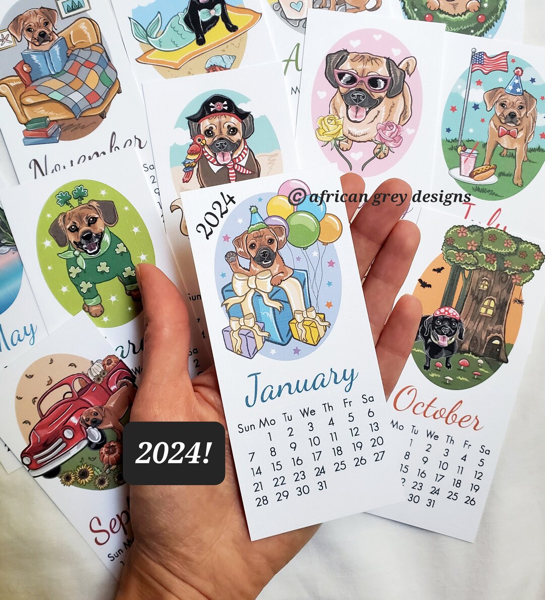 2024 Puggle Calendar Mini Desk Size Printed on Recycled Linen Paper