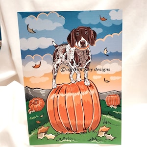 May include: A brown and white German Shorthaired Pointer dog stands on top of a large orange pumpkin. The dog is wearing a brown collar. There are smaller pumpkins and fall leaves scattered around the pumpkin.