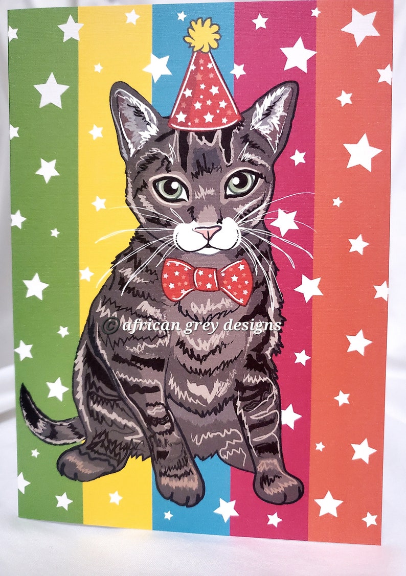Tabby Cat Birthday Greeting Card - Rainbow Background - Etsy