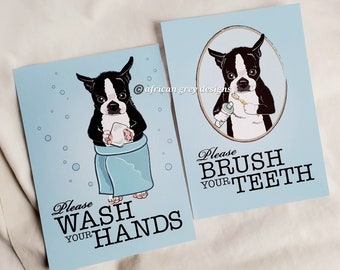Boston Terrier Bathroom Prints - 5x7 Eco-friendly Pair Printed on Recycled Linen Paper