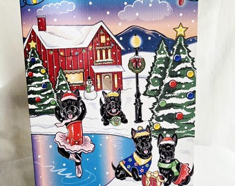 Christmas Cabin Scottish Terrier Greeting Card - Iceskating Scene