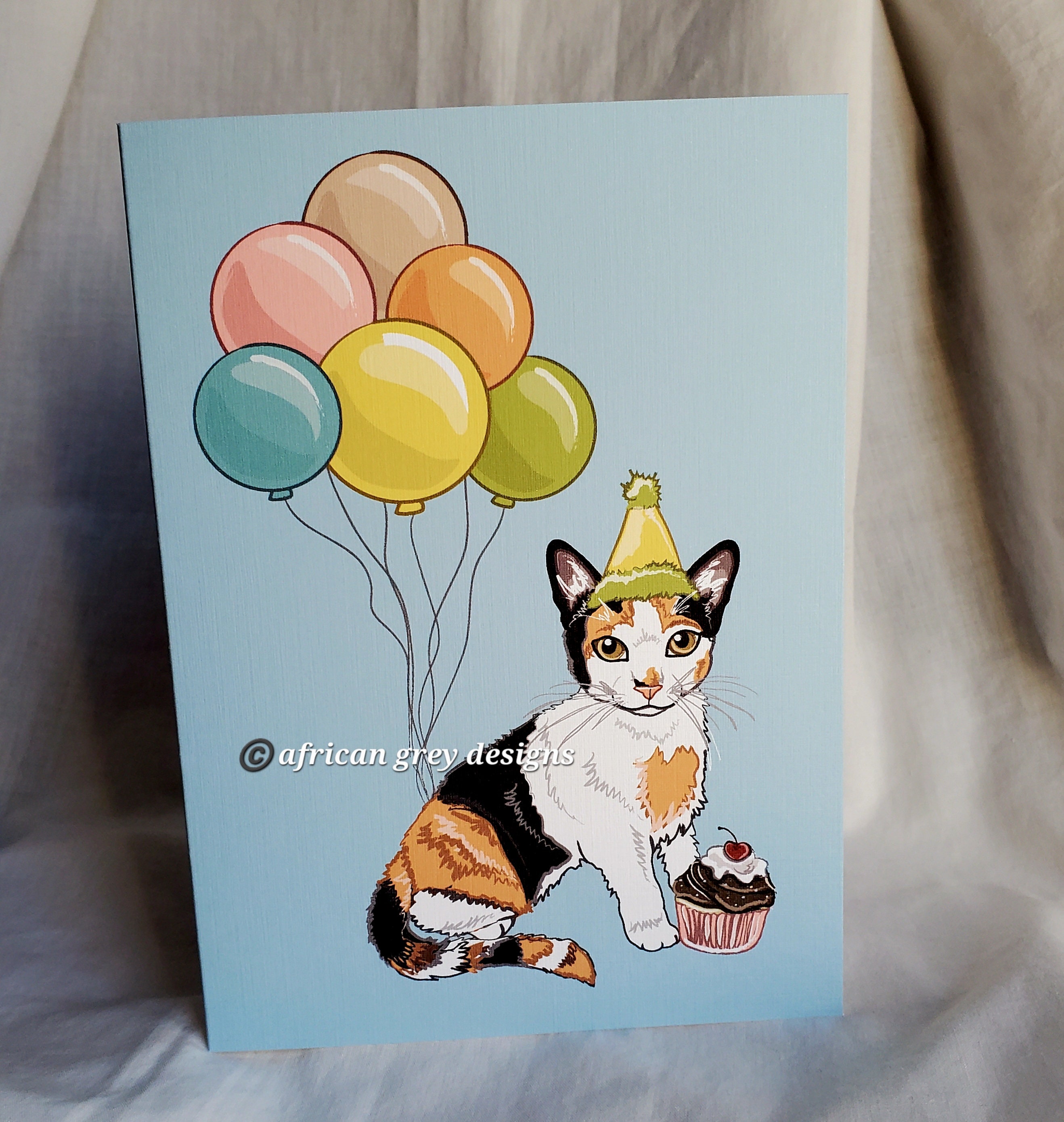 ◆Cat◆ Calico Cat 'n Balloons Greeting Card - Etsy