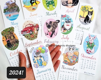 2024 Cat Calendar - Mini Desk Size - Printed on Recycled Linen Paper - With or Without Mini Easel