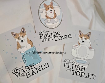 Corgi Bathroom Prints - 5x7 Eco-friendly Set of 3 - Gray Backgrounds