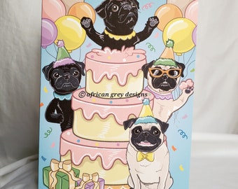 Birthday Cake Pugs Greeting Card