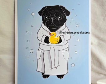 Bubbly Pug - 8x10 Eco-friendly Print on Recycled Linen Paper - Black Fur