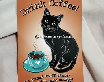 Coffee Black Cat - 5x7 Eco-friendly Print on Linen Paper