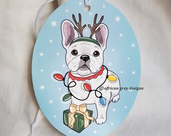 Christmas French Bulldog Linen Paper Gift Tag/Ornament