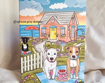 Beach Cottage Pit Bulls Greeting Card