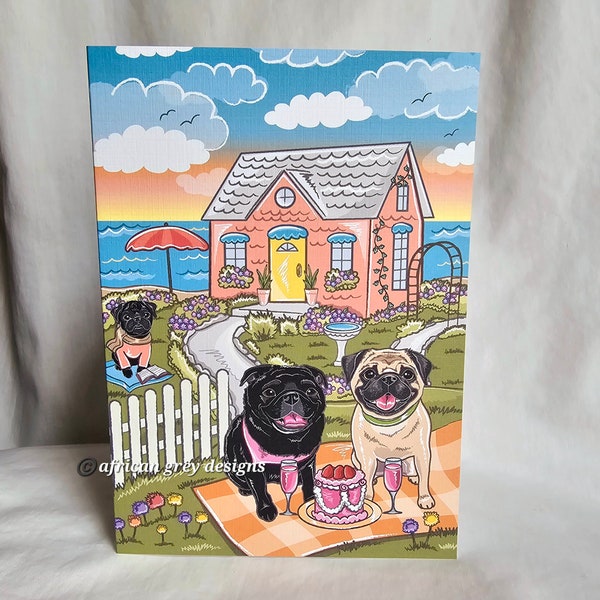 Beach Cottage Pugs Greeting Card