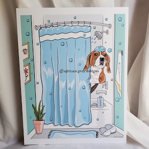 Shower Time Beagle - Eco-Friendly 8x10 Print on Linen Paper