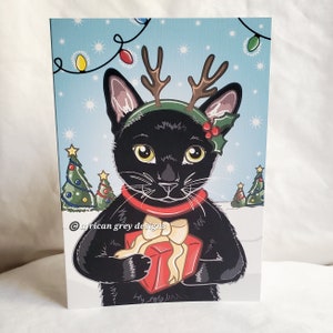Christmas Black Cat Greeting Card - Reindeer Design