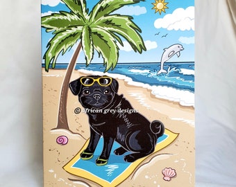 Beach Black Pug Greeting Card - Dolphin Design