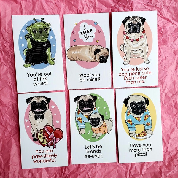 Joyful Pug Valentines - Fawn Pugs - Mini Eco-friendly Set of 6 on Linen Paper