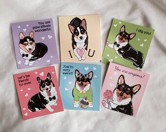 Tricolor Corgi Valentines - Mini Eco-friendly Set of 6 - Black Corgis