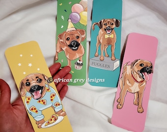 Large Puggle Bookmarks - Eco-friendly Set of 4 - Printed on Recycled Linen Paper