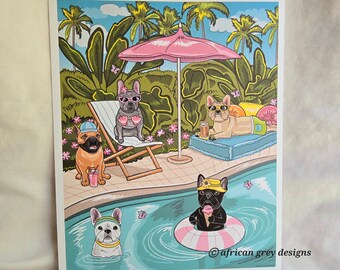 Poolside French Bulldogs - Eco-Friendly 8x10 Print on Linen Paper