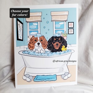 Seaside Bath Cavalier King Charles Spaniels - Ruby/Black and Tan or Ruby/Tricolor - Eco-Friendly 8x10 Print on Recycled Linen Paper