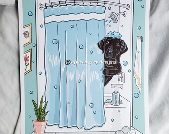 Shower Time Black Lab - Eco-Friendly 8x10 Print on Linen Paper