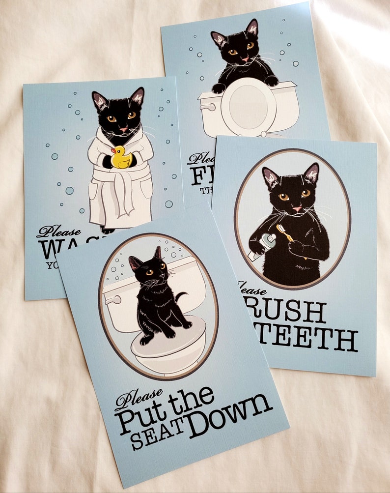 5x7 Set of 4 Black Cat Bathroom Prints