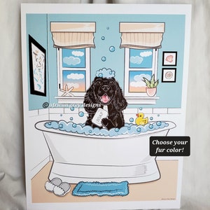 May include: A black dog with a white chest is sitting in a bathtub full of bubbles. The dog is holding a bar of soap. The bathtub is white with a blue and white tiled floor. The text "Choose your fur color!" is in the bottom right corner of the image.