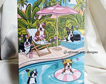 Poolside Boston Terriers Greeting Card