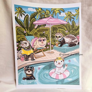 Poolside Ferrets - Eco-Friendly 8x10 Print on Linen Paper