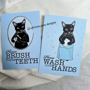 Black Cat Bathroom Prints - 5x7 Eco-friendly Pair Printed on Recycled Linen Paper