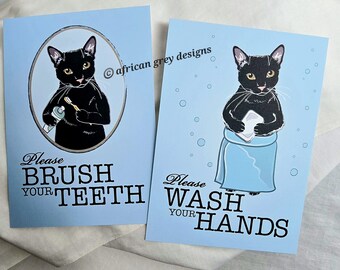 Black Cat Bathroom Prints - 5x7 Eco-friendly Pair Printed on Recycled Linen Paper
