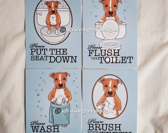 Red Pit Bull Bathroom Prints - 5x7 Set of 4 printed on Recycled Linen Paper