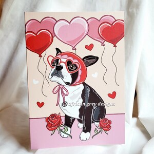Boston Terrier with Heart Balloons Greeting Card