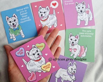 Westie Valentines - Mini Eco-friendly Set of 6 on Recycled Linen Paper - Envelopes Not Included
