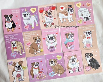 English Bulldog Valentines - Pinks and Purples - Mini Eco-friendly Set of 15 on Linen Paper