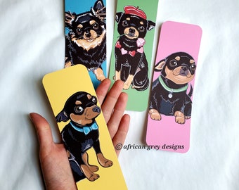 Large Chihuahua Bookmarks - Black and Tan - Eco-friendly Set of 4 - Printed on Recycled Linen Paper