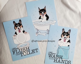 Tri-Color Corgi Bathroom Prints - 5x7 Eco-friendly Set of 3 on Linen Paper