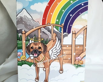 Rainbow Bridge Puggle Angel Greeting Card