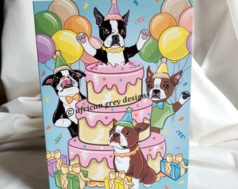 Boston Terrier Birthday Cake Greeting Card